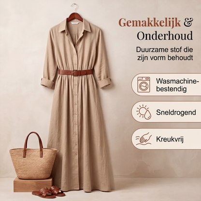 Dames maxi-jurk met lange mouwen en ceintuur, klassieke opstaande kraag, lange jurk voor vakantie en resort