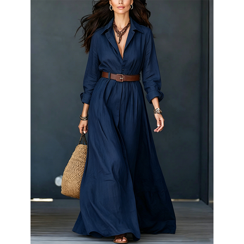Dames maxi-jurk met lange mouwen en ceintuur, klassieke opstaande kraag, lange jurk voor vakantie en resort