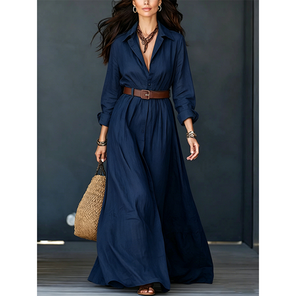 Dames maxi-jurk met lange mouwen en ceintuur, klassieke opstaande kraag, lange jurk voor vakantie en resort