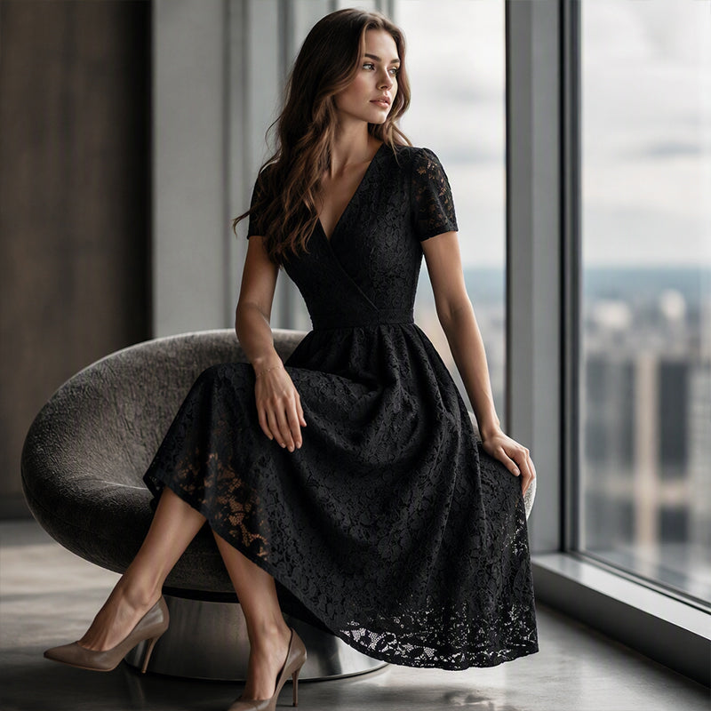 🌸 Nieuwe Collectie 👗 Dames Kanten V-hals Jurk – Elegante uitstraling & comfortabele pasvorm