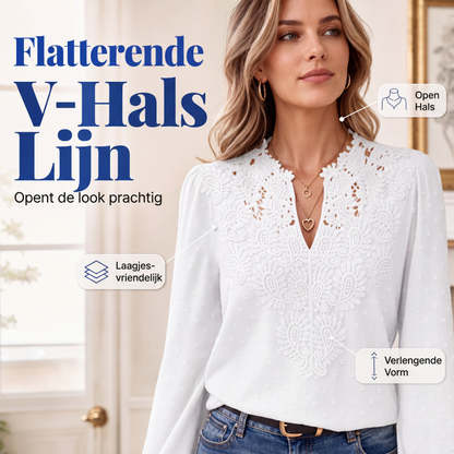 👖 TIJDELIJK 50% KORTING! ✨Dames V-hals Kanten Blouse Lange Mouw Swiss Dot Casual T-shirts Top