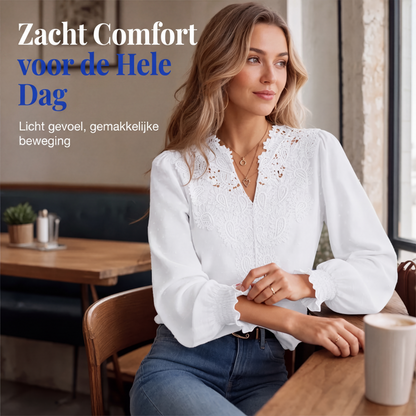 👖 TIJDELIJK 50% KORTING! ✨Dames V-hals Kanten Blouse Lange Mouw Swiss Dot Casual T-shirts Top