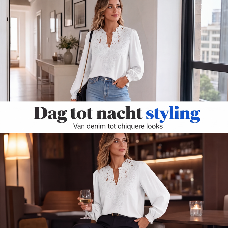 👖 TIJDELIJK 50% KORTING! ✨Dames V-hals Kanten Blouse Lange Mouw Swiss Dot Casual T-shirts Top