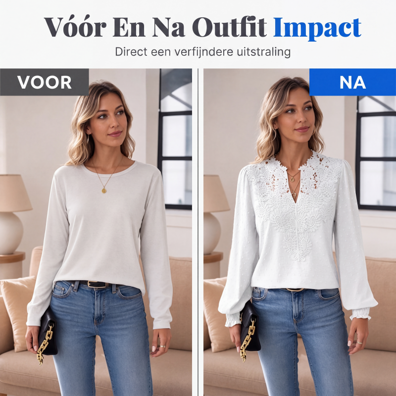 👖 TIJDELIJK 50% KORTING! ✨Dames V-hals Kanten Blouse Lange Mouw Swiss Dot Casual T-shirts Top