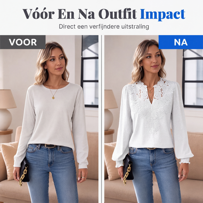👖 TIJDELIJK 50% KORTING! ✨Dames V-hals Kanten Blouse Lange Mouw Swiss Dot Casual T-shirts Top