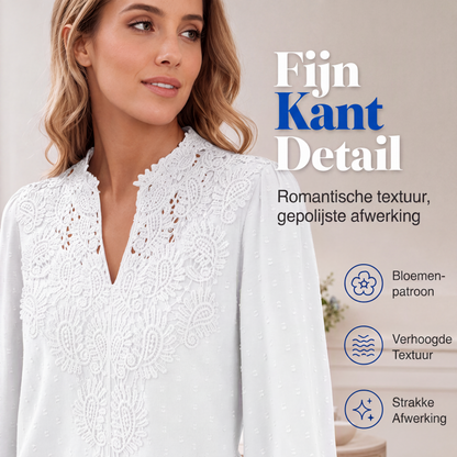 👖 TIJDELIJK 50% KORTING! ✨Dames V-hals Kanten Blouse Lange Mouw Swiss Dot Casual T-shirts Top