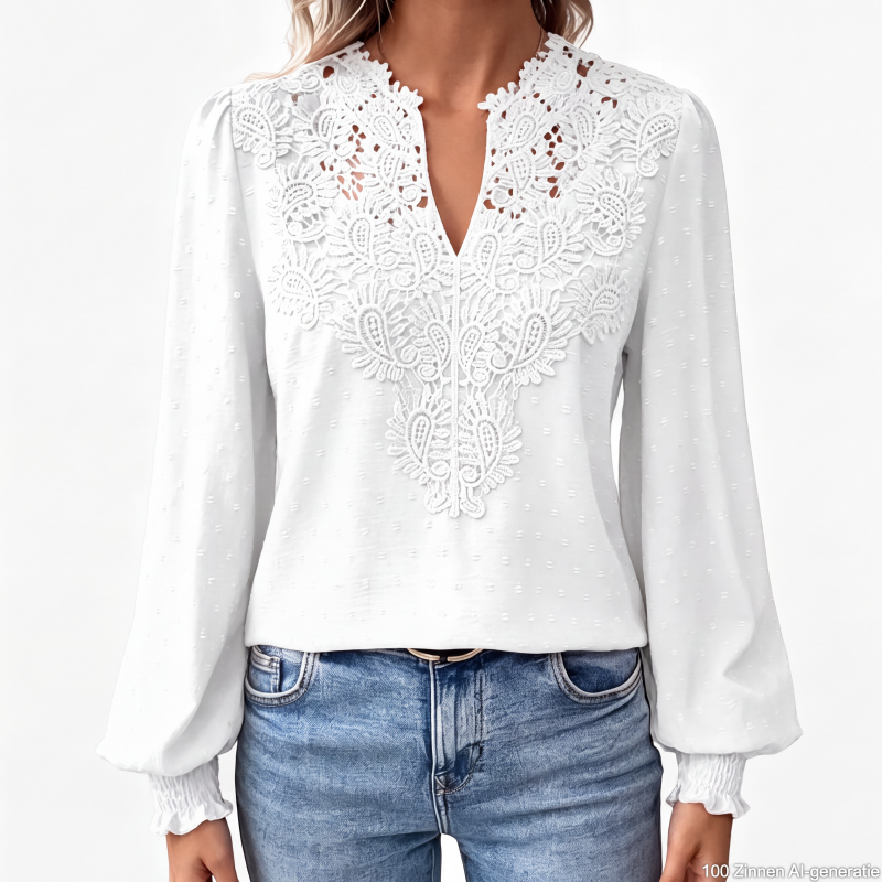 👖 TIJDELIJK 50% KORTING! ✨Dames V-hals Kanten Blouse Lange Mouw Swiss Dot Casual T-shirts Top