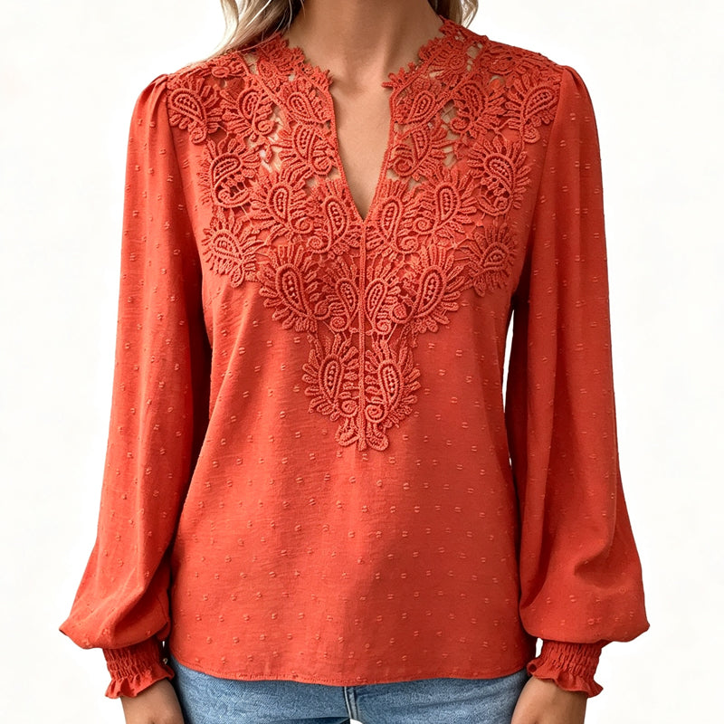 👖 TIJDELIJK 50% KORTING! ✨Dames V-hals Kanten Blouse Lange Mouw Swiss Dot Casual T-shirts Top
