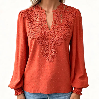 👖 TIJDELIJK 50% KORTING! ✨Dames V-hals Kanten Blouse Lange Mouw Swiss Dot Casual T-shirts Top
