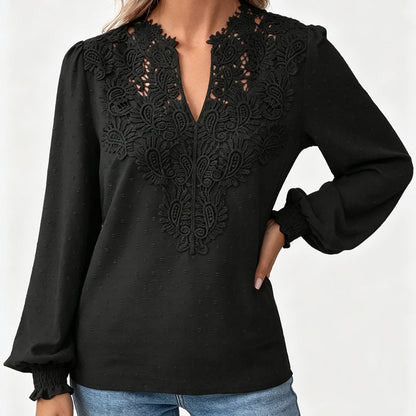 👖 TIJDELIJK 50% KORTING! ✨Dames V-hals Kanten Blouse Lange Mouw Swiss Dot Casual T-shirts Top