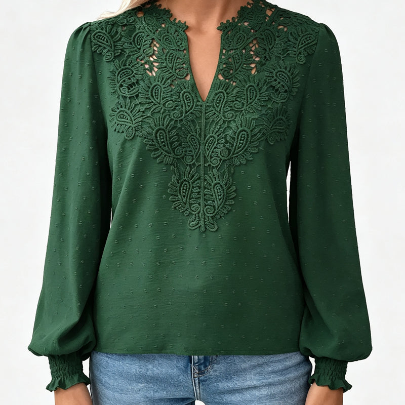 👖 TIJDELIJK 50% KORTING! ✨Dames V-hals Kanten Blouse Lange Mouw Swiss Dot Casual T-shirts Top
