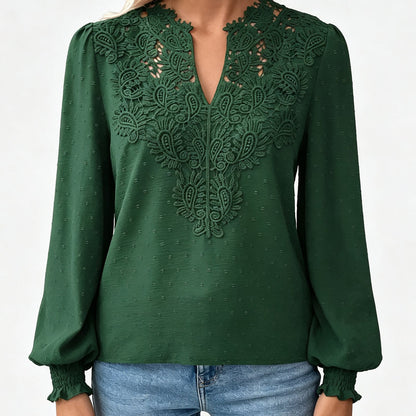👖 TIJDELIJK 50% KORTING! ✨Dames V-hals Kanten Blouse Lange Mouw Swiss Dot Casual T-shirts Top
