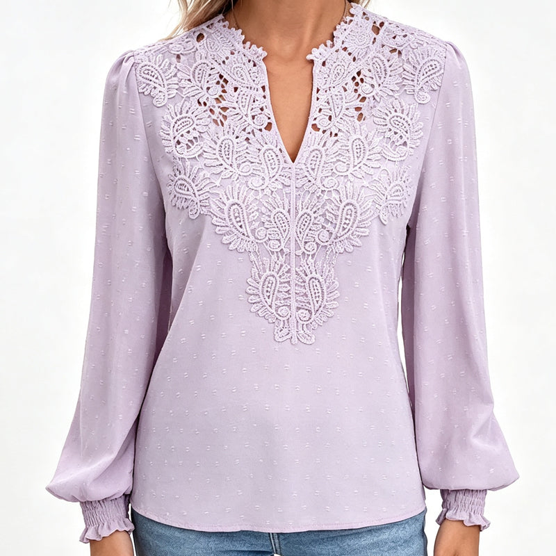 👖 TIJDELIJK 50% KORTING! ✨Dames V-hals Kanten Blouse Lange Mouw Swiss Dot Casual T-shirts Top
