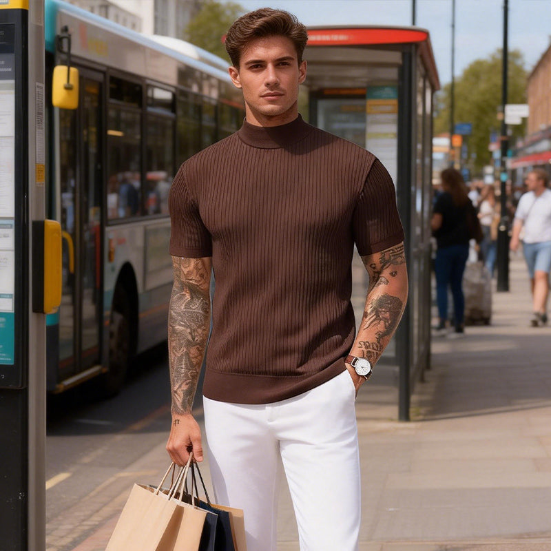 🔥 Nieuw & Trendy ✨ Heren Slim Fit T-shirt met Hoge Kraag 👕 moderne look, comfortabele pasvorm & stijlvolle uitstraling